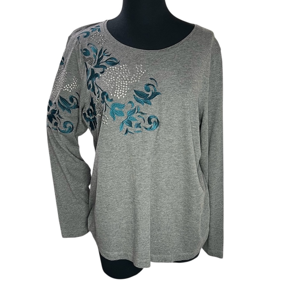 Zenergy Gray & Dark Teal Metallic and Embroidered Embellished Long Sleeve Blouse